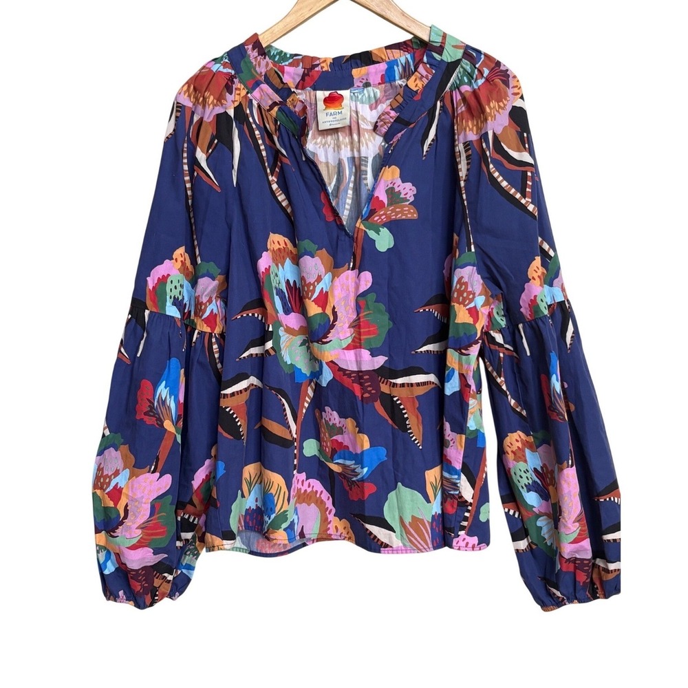 Farm Rio for Anthropologie Floral Long Sleeve Blouse Blue Large Estimated